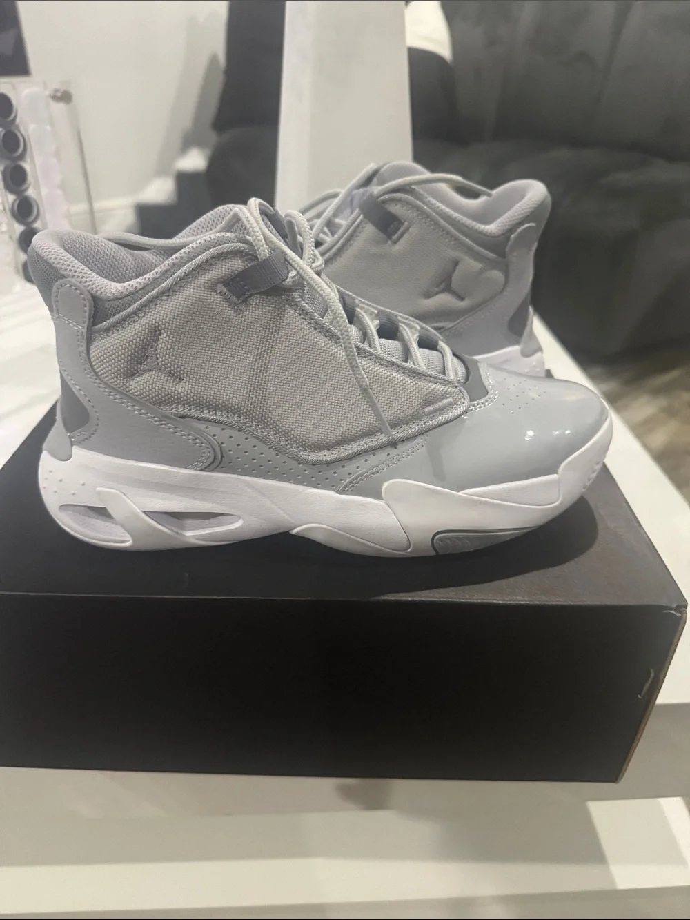 Jordan Youth Glossy Grey and White Retro Basketball Sneakers